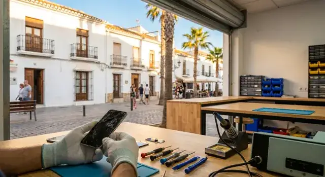 iPhone repair in Torremolinos, Costa del Sol — iBrokeIt.es technician replacing a screen